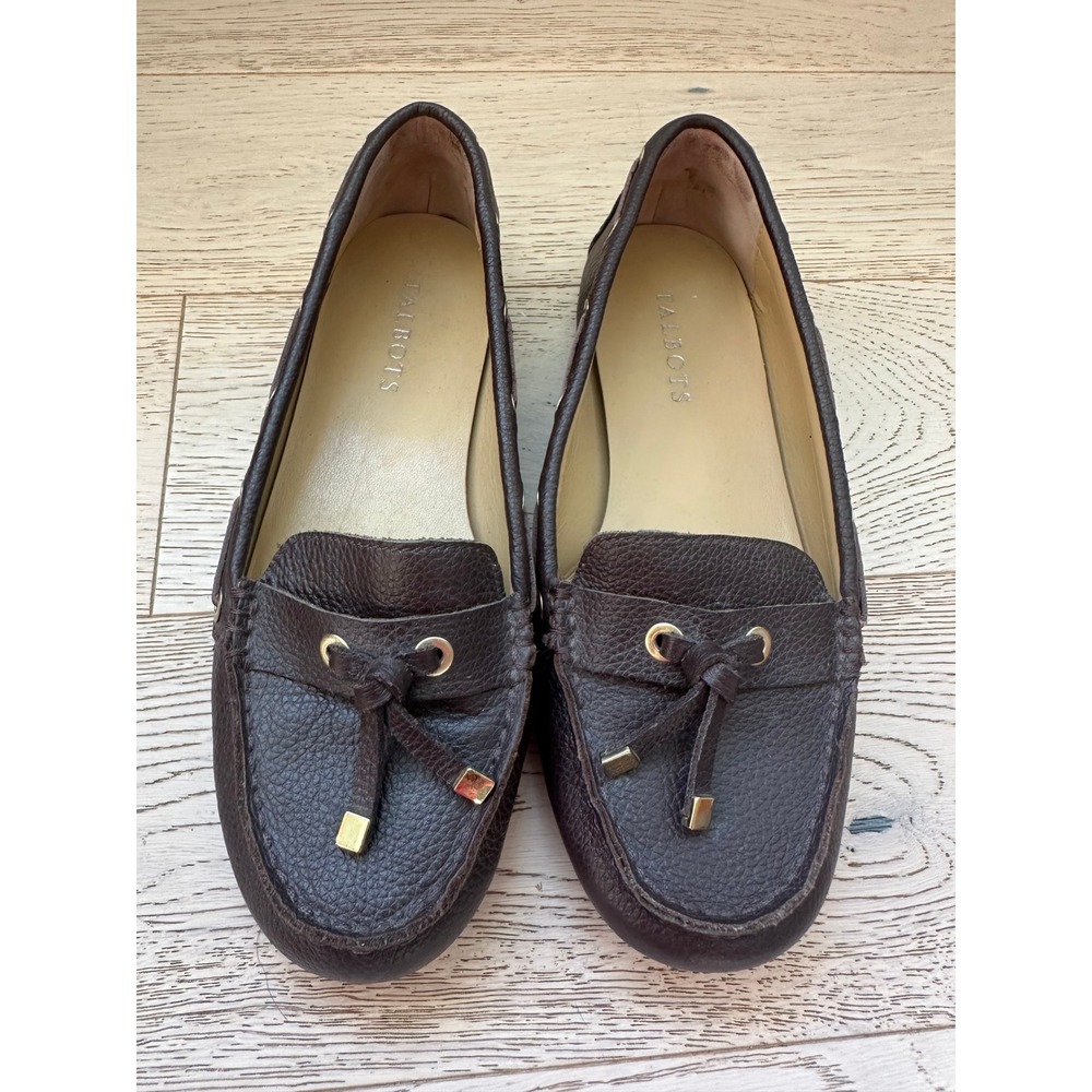Talbots Womens Dark Brown Pebbled Leather Driving Loafers Size 7M Gold Hardware